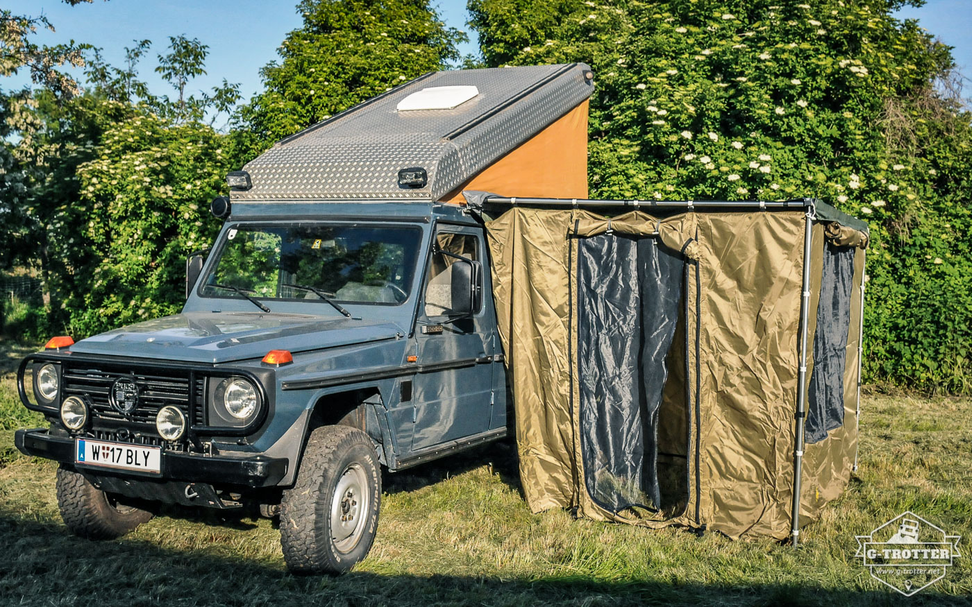 The awning with tent room. 