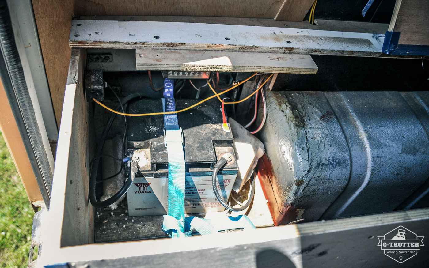 The cabin battery was hidden in the bench and ready to be disposed.