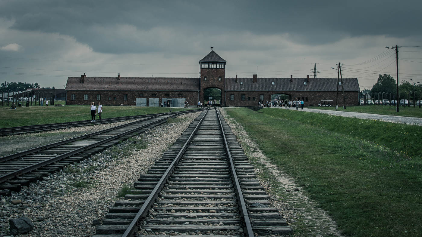 The tracks leading to the entrance of Auschwitz II-Birkenau.