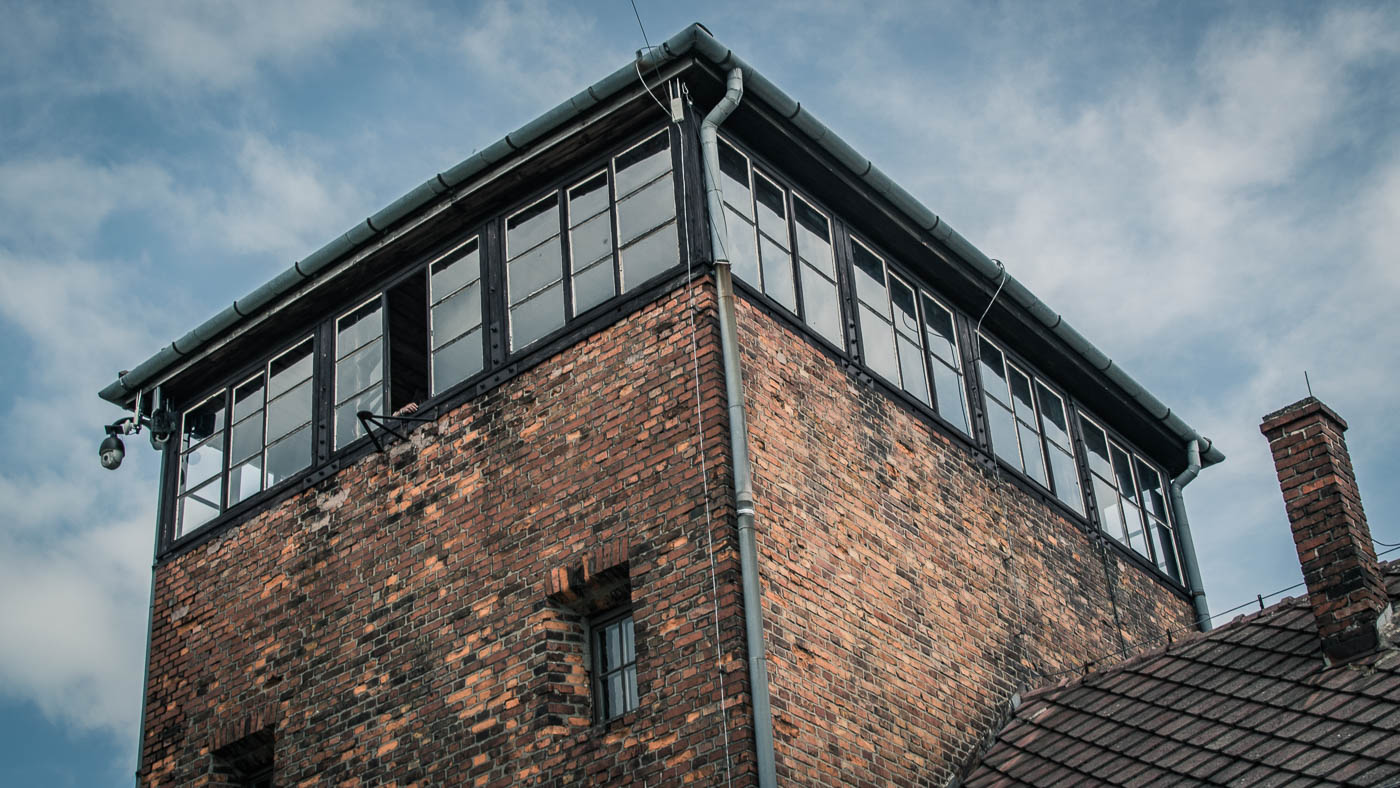The building at the entrance of Auschwitz II-Birkenau.
