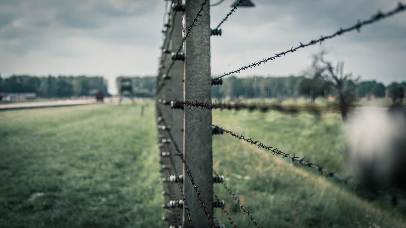 Barbed wire fences surround the huge area of Auschwitz II-Birkenau.