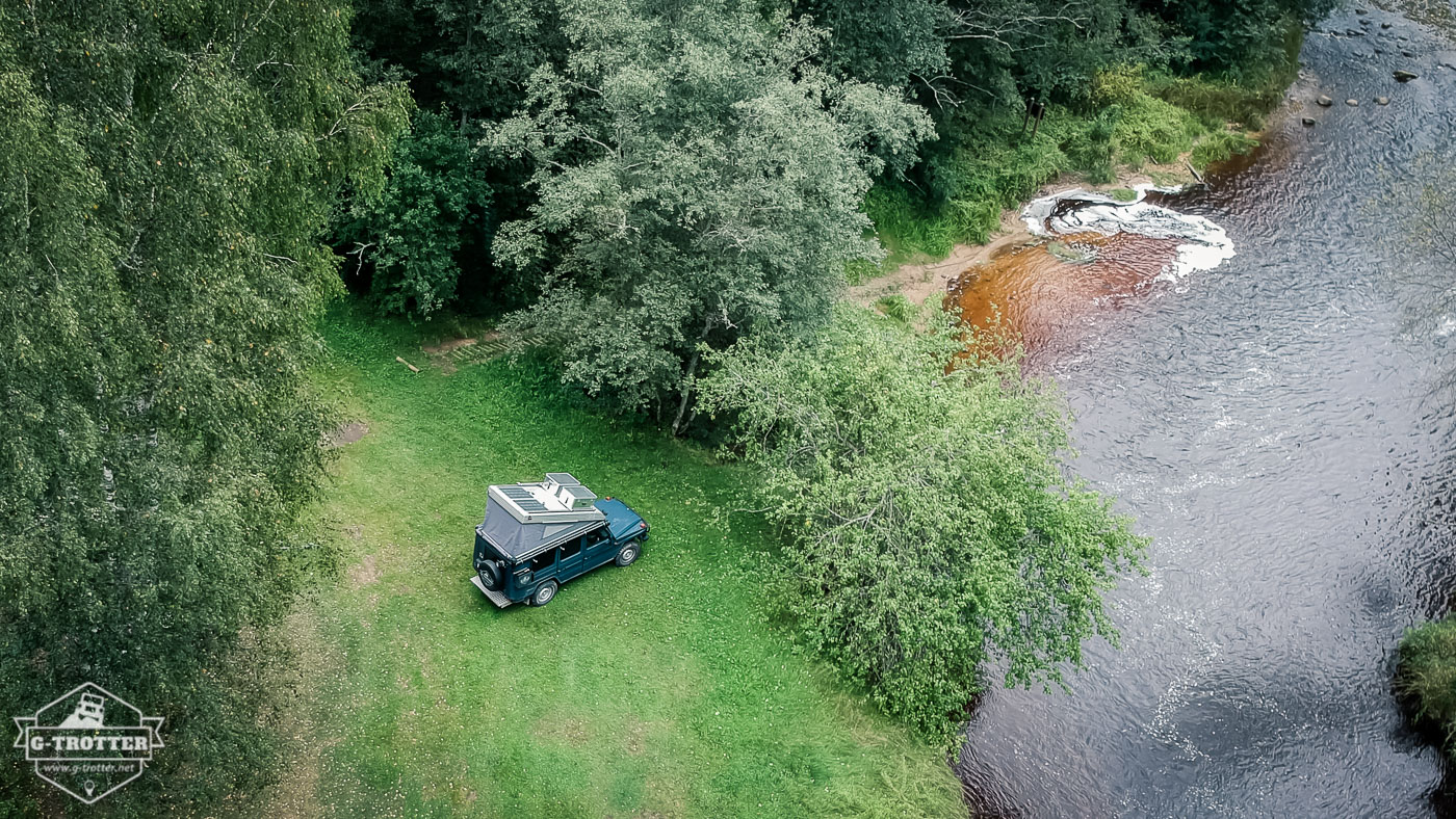 Bird's-eye view of our campspot in the Gauja National Park.