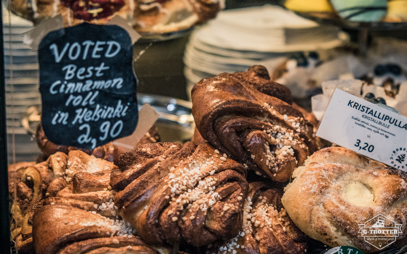 Baked delicacies inside the Vanha kauppahalli, Helsinki's oldest market hall.