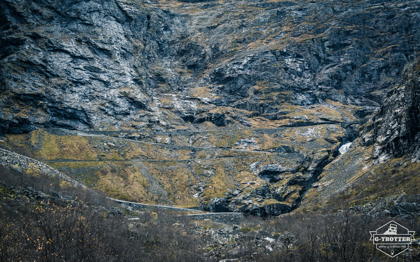 Trollstigen leads up a steep mountainside.